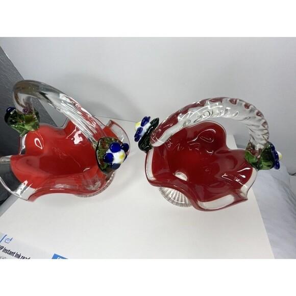 Vintage Art Glass Red Clear Basket Applied Blue Flowers Beautiful 2 Baskets - Picture 6 of 9